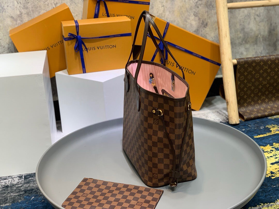 Louis Vuitton Neverfull MM Bag N41603 Damier Ebene Canvas Pink