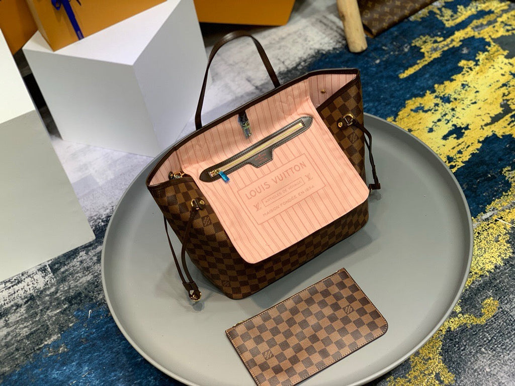 Louis Vuitton Neverfull MM Bag N41603 Damier Ebene Canvas Pink