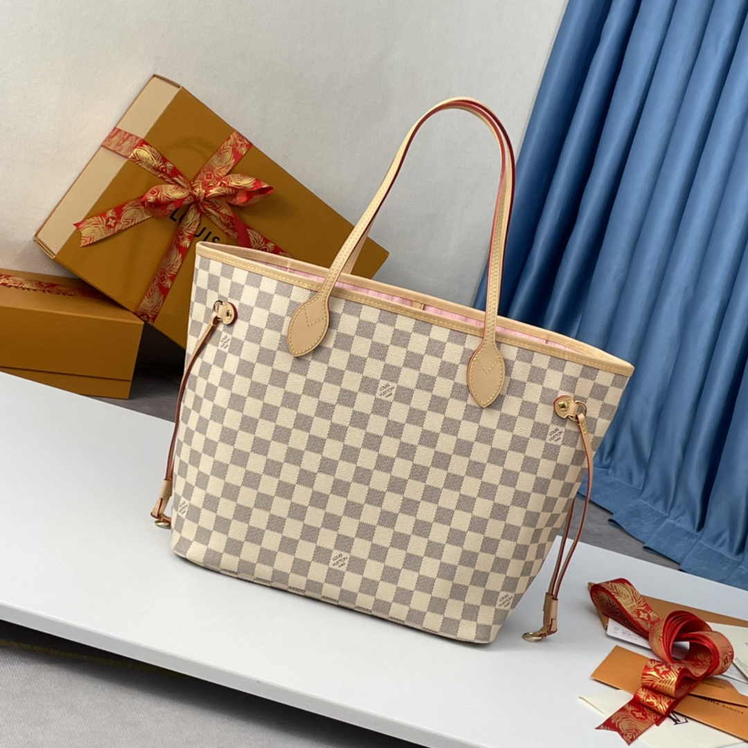 Louis Vuitton Neverfull MM Bag N41605 Damier Azur Canvas Pink