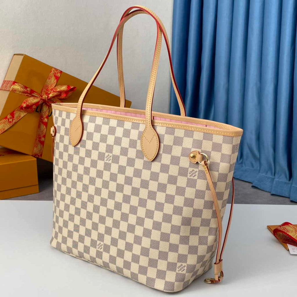 Louis Vuitton Neverfull MM Bag N41605 Damier Azur Canvas Pink