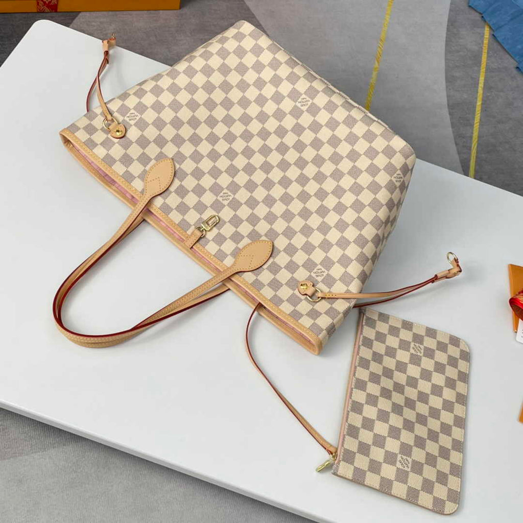 Louis Vuitton Neverfull MM Bag N41605 Damier Azur Canvas Pink