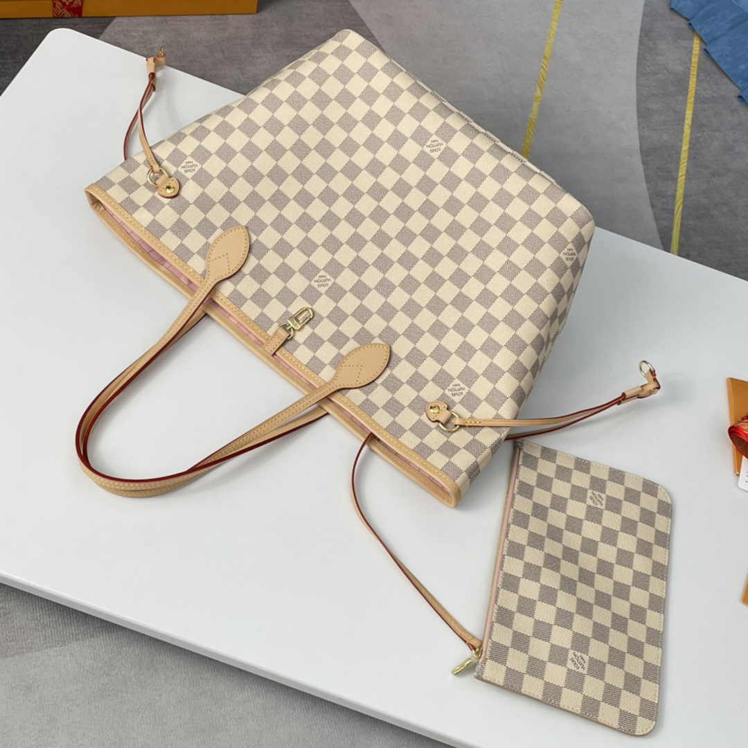 Louis Vuitton Neverfull MM Bag N41605 Damier Azur Canvas Pink