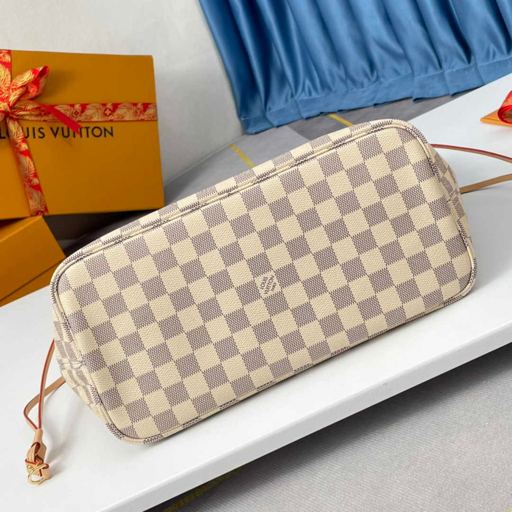 Louis Vuitton Neverfull MM Bag N41605 Damier Azur Canvas Pink