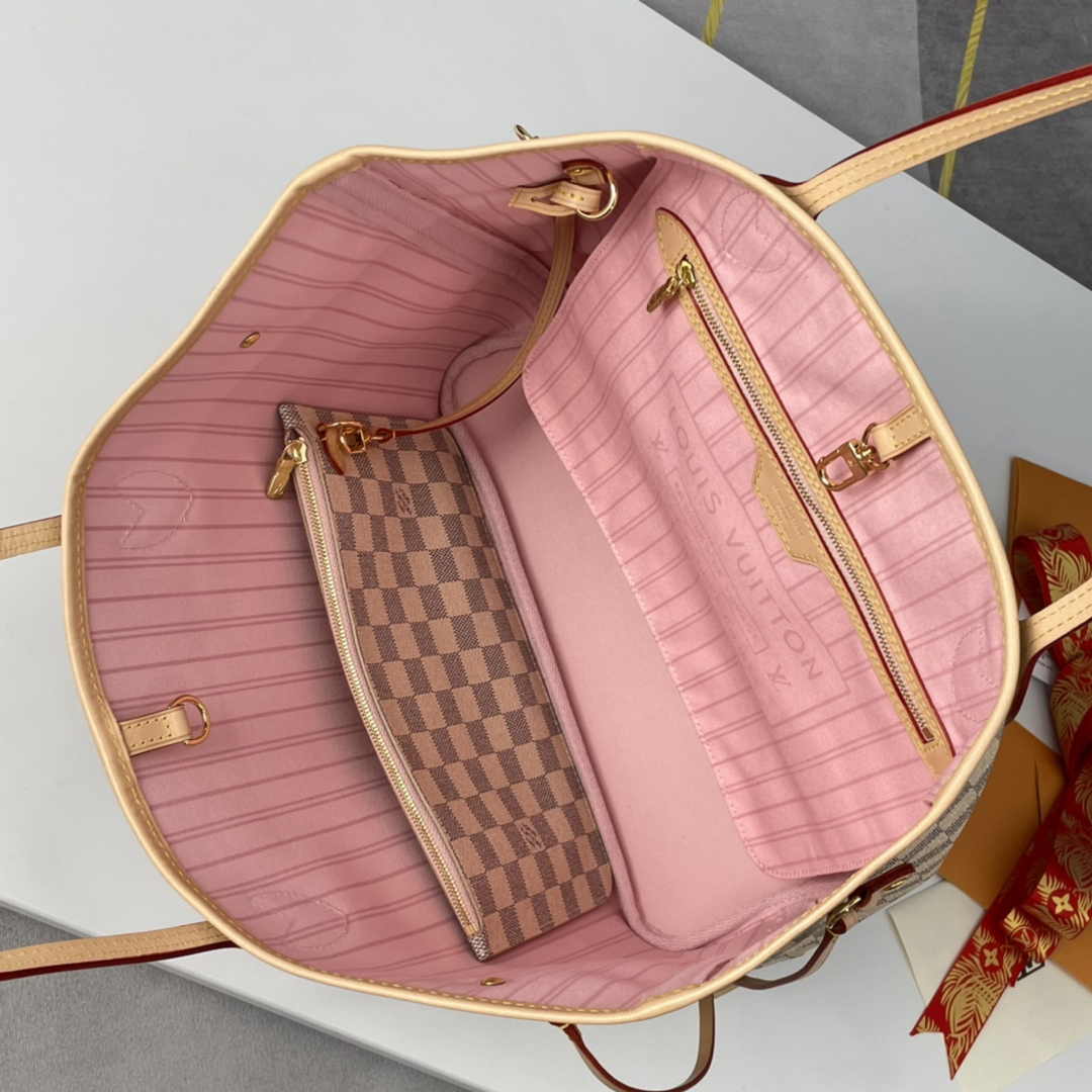 Louis Vuitton Neverfull MM Bag N41605 Damier Azur Canvas Pink