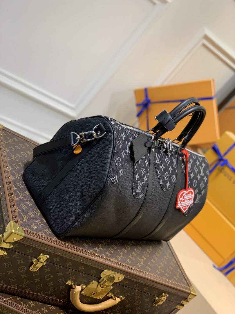 LV M45975 Louis Vuitton Keepall Bandouliere 50 Travel Bag Black