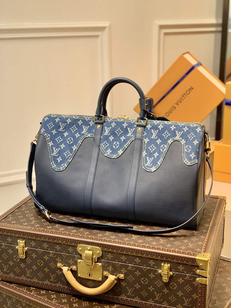 LV M45975 Louis Vuitton Keepall Bandouliere 50 Travel Bag Blue