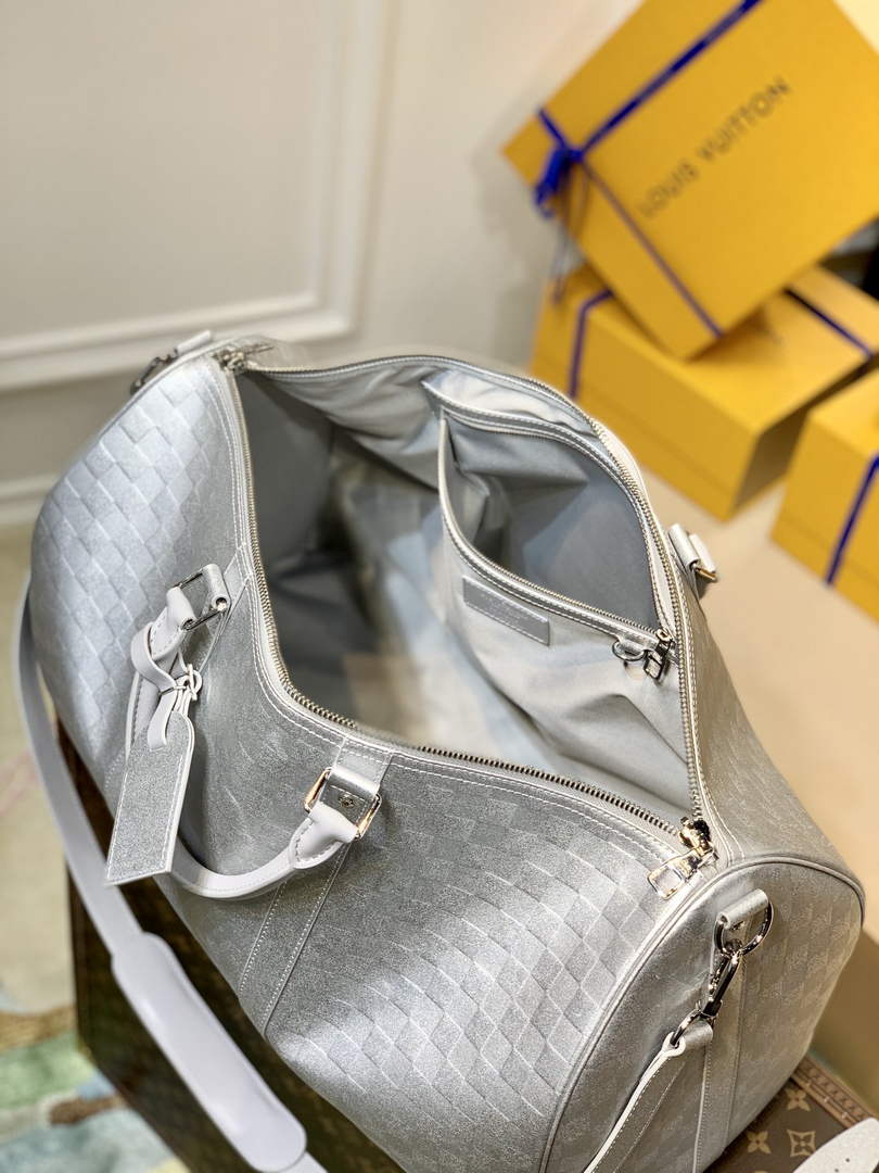 LV N58041 Louis Vuitton Keepall Bandouliere 50 Travel Bag Silver