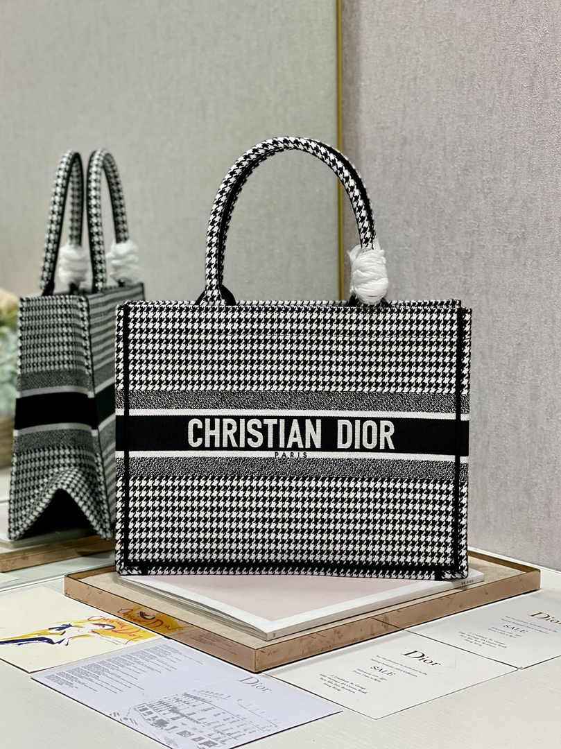 Medium Dior Book Tote M1296 Macro Houndstooth Black Embroidery