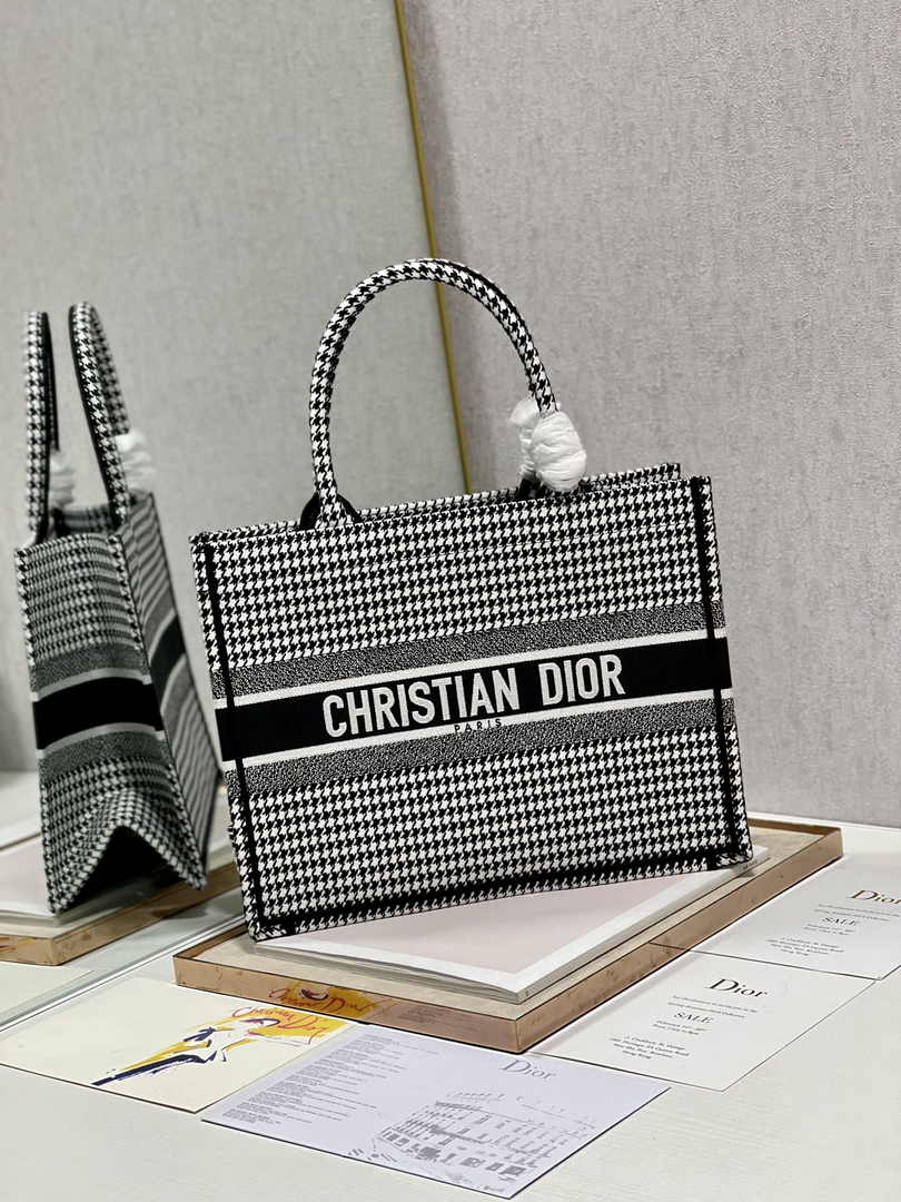 Medium Dior Book Tote M1296 Macro Houndstooth Black Embroidery