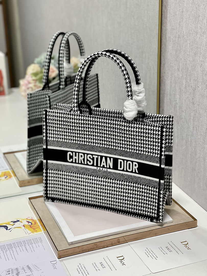 Medium Dior Book Tote M1296 Macro Houndstooth Black Embroidery