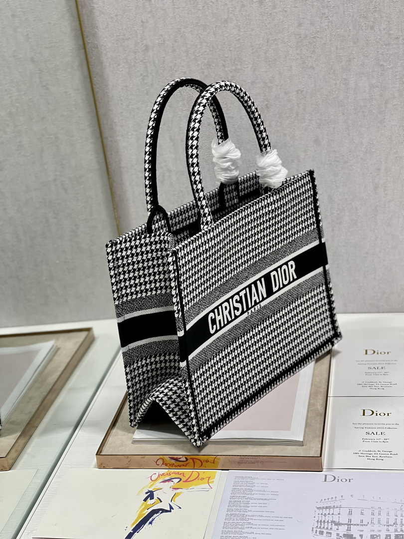 Medium Dior Book Tote M1296 Macro Houndstooth Black Embroidery