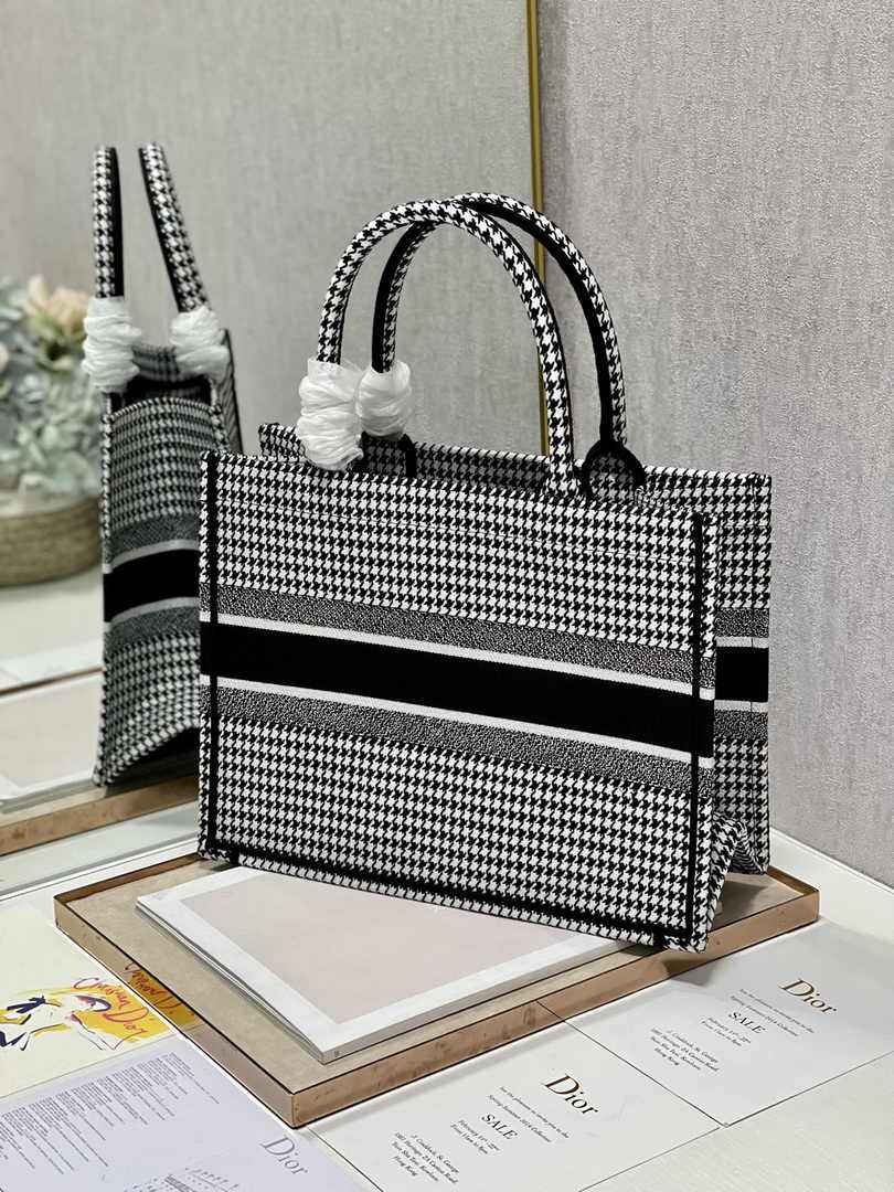Medium Dior Book Tote M1296 Macro Houndstooth Black Embroidery