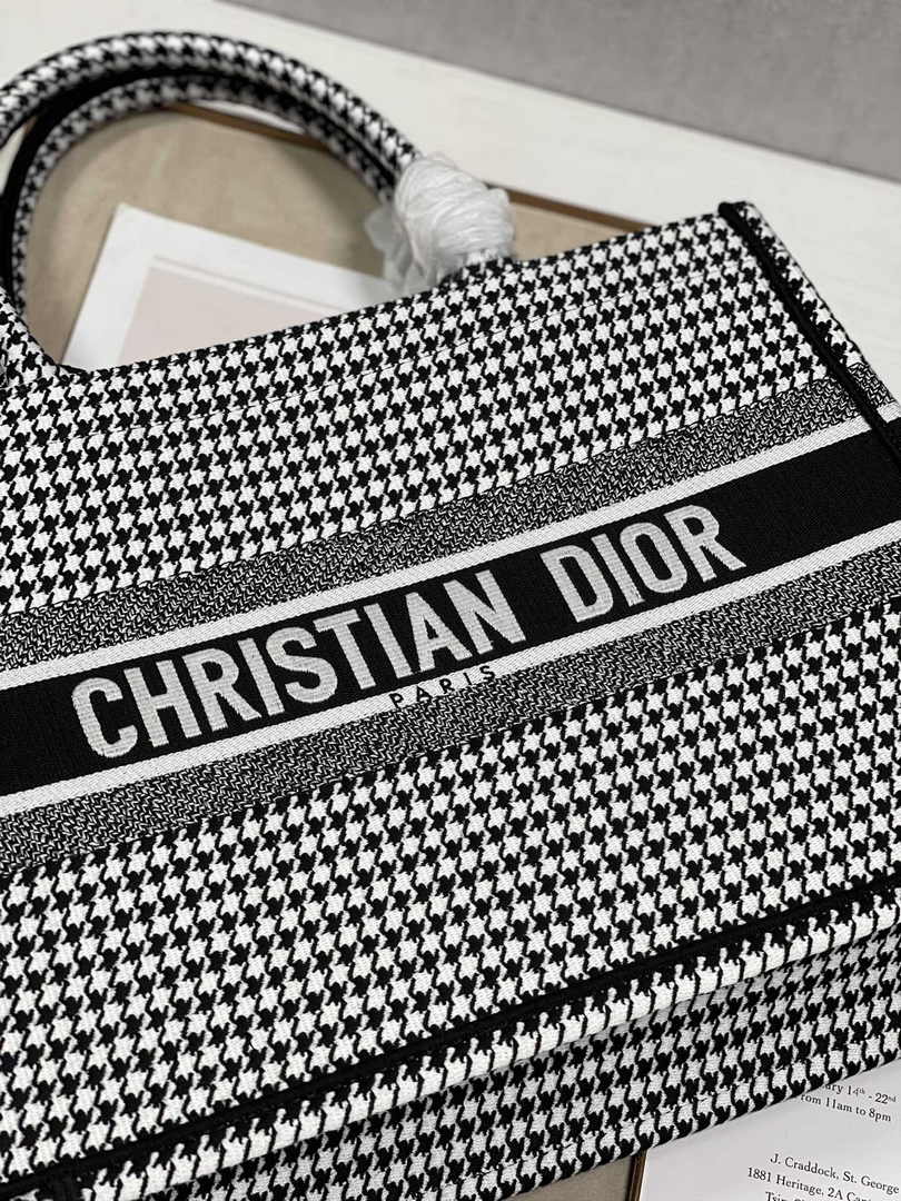 Medium Dior Book Tote M1296 Macro Houndstooth Black Embroidery