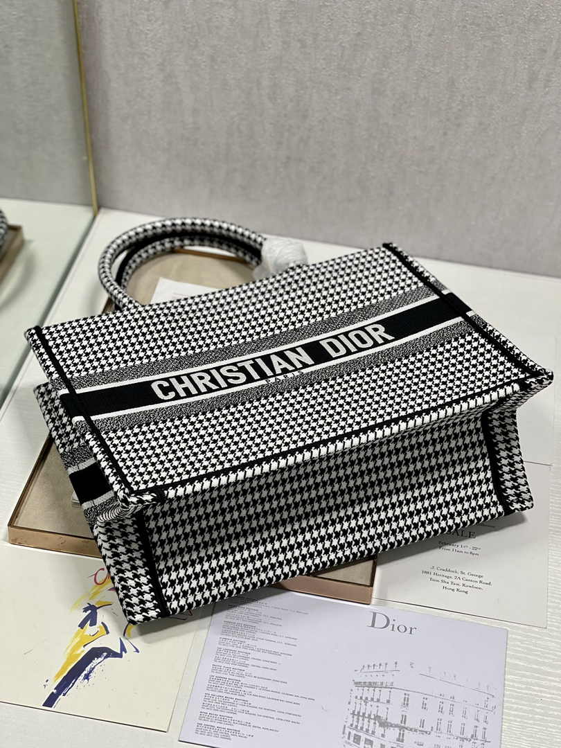 Medium Dior Book Tote M1296 Macro Houndstooth Black Embroidery