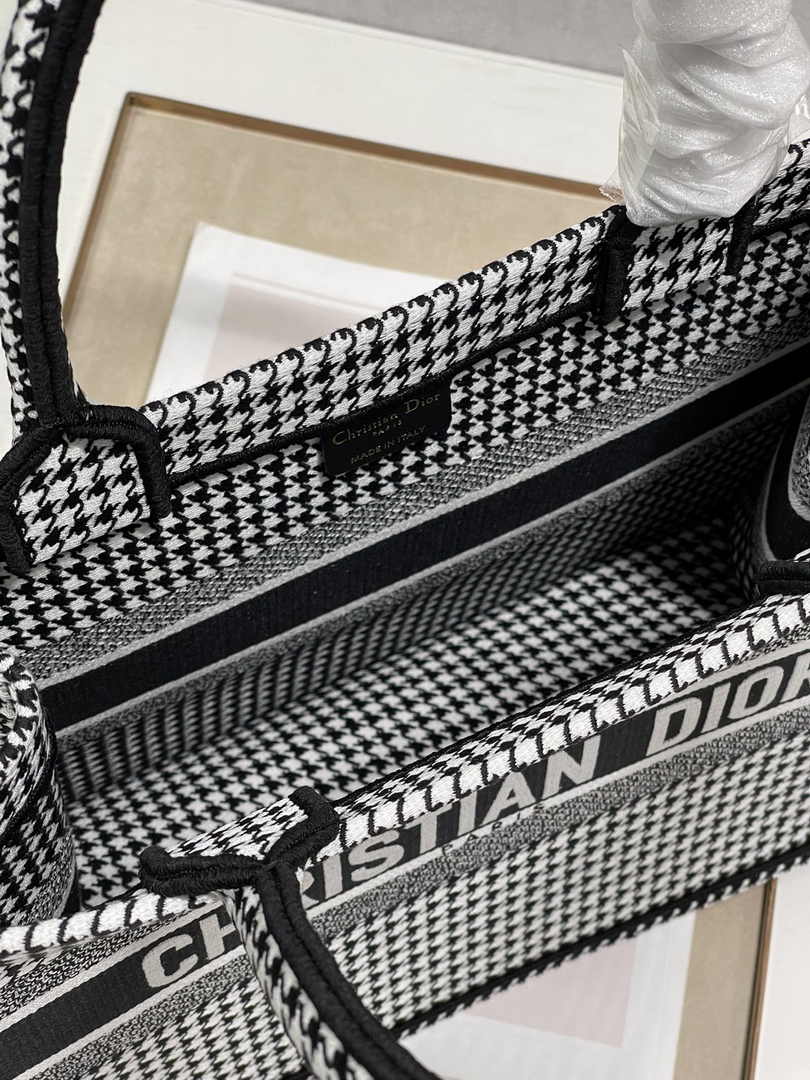 Medium Dior Book Tote M1296 Macro Houndstooth Black Embroidery