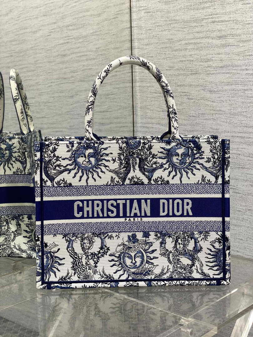Medium Dior Book Tote M1296 White and Navy Blue Toile de Jouy Soleil Embroidery