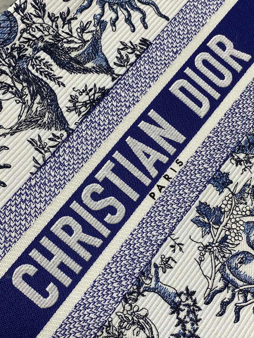 Medium Dior Book Tote M1296 White and Navy Blue Toile de Jouy Soleil Embroidery
