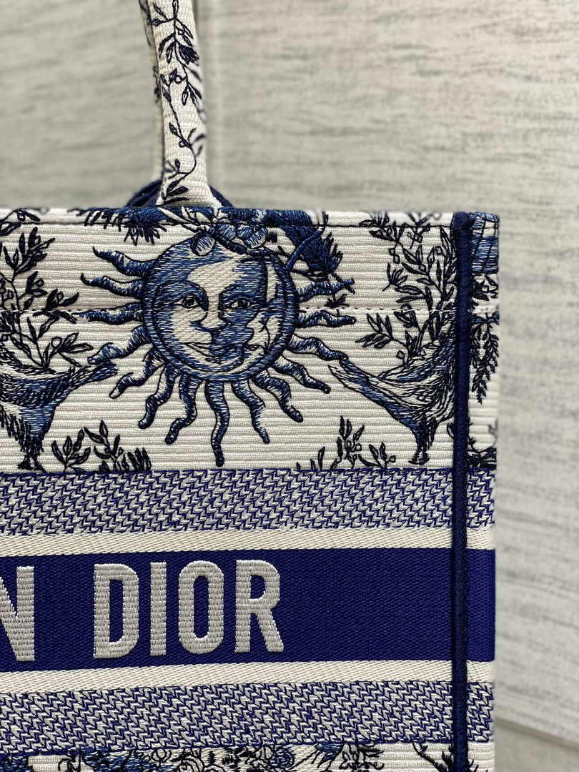 Medium Dior Book Tote M1296 White and Navy Blue Toile de Jouy Soleil Embroidery