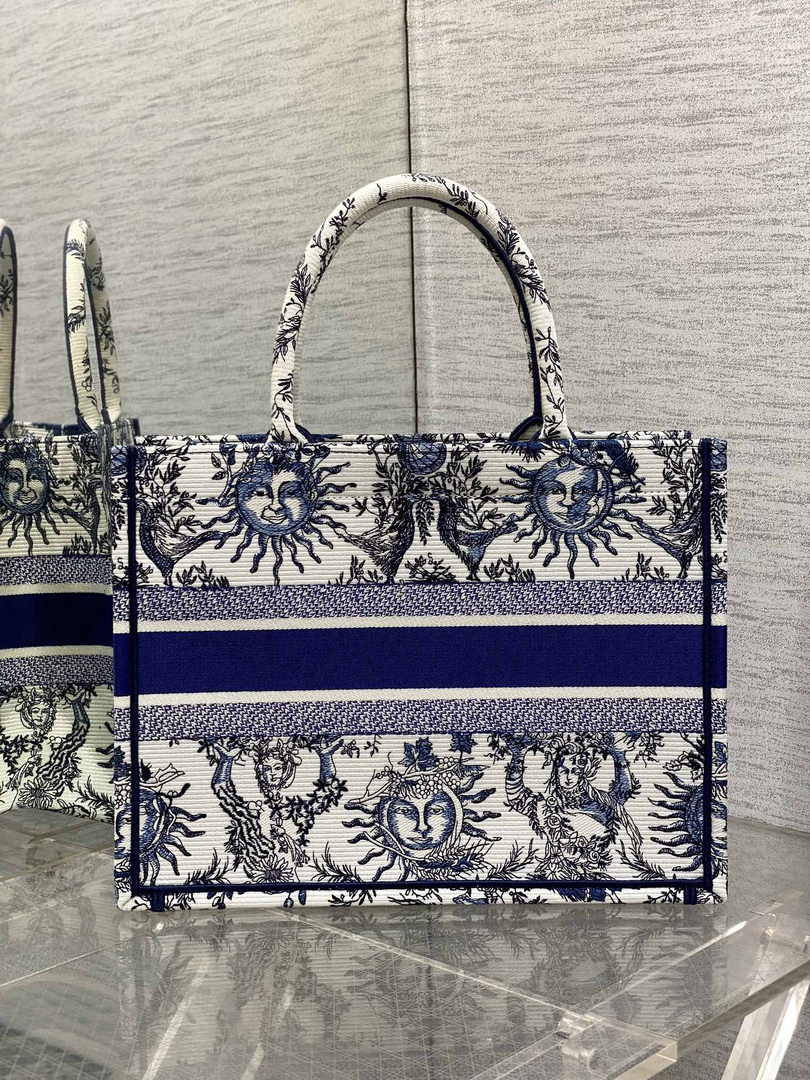 Medium Dior Book Tote M1296 White and Navy Blue Toile de Jouy Soleil Embroidery