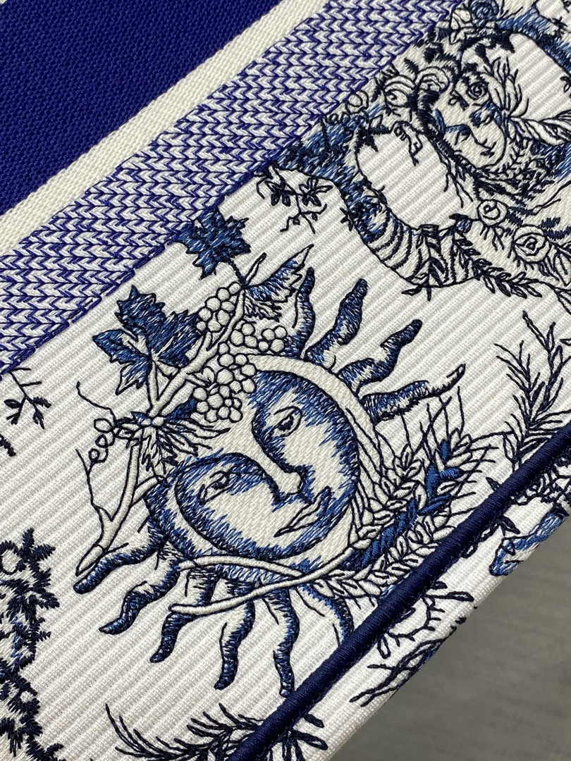 Medium Dior Book Tote M1296 White and Navy Blue Toile de Jouy Soleil Embroidery