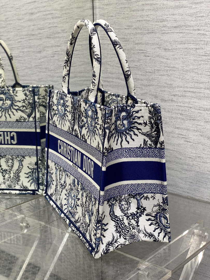 Medium Dior Book Tote M1296 White and Navy Blue Toile de Jouy Soleil Embroidery