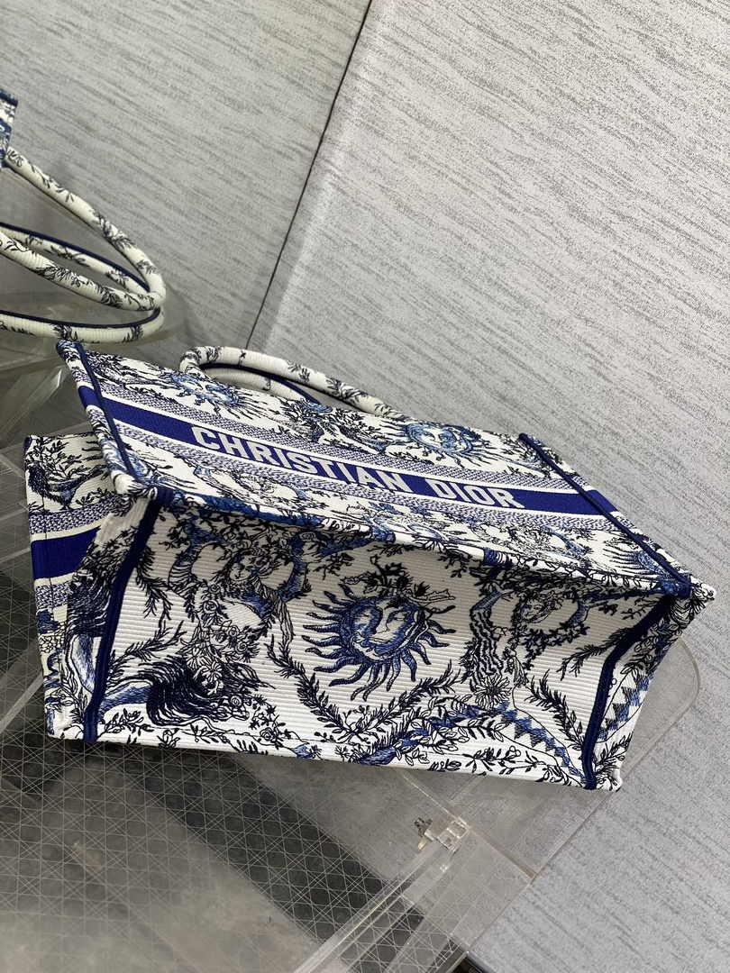 Medium Dior Book Tote M1296 White and Navy Blue Toile de Jouy Soleil Embroidery