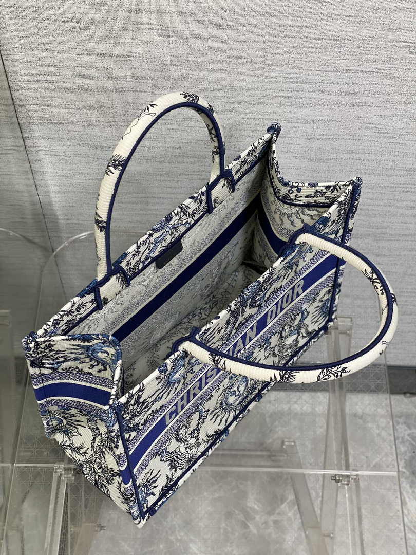 Medium Dior Book Tote M1296 White and Navy Blue Toile de Jouy Soleil Embroidery