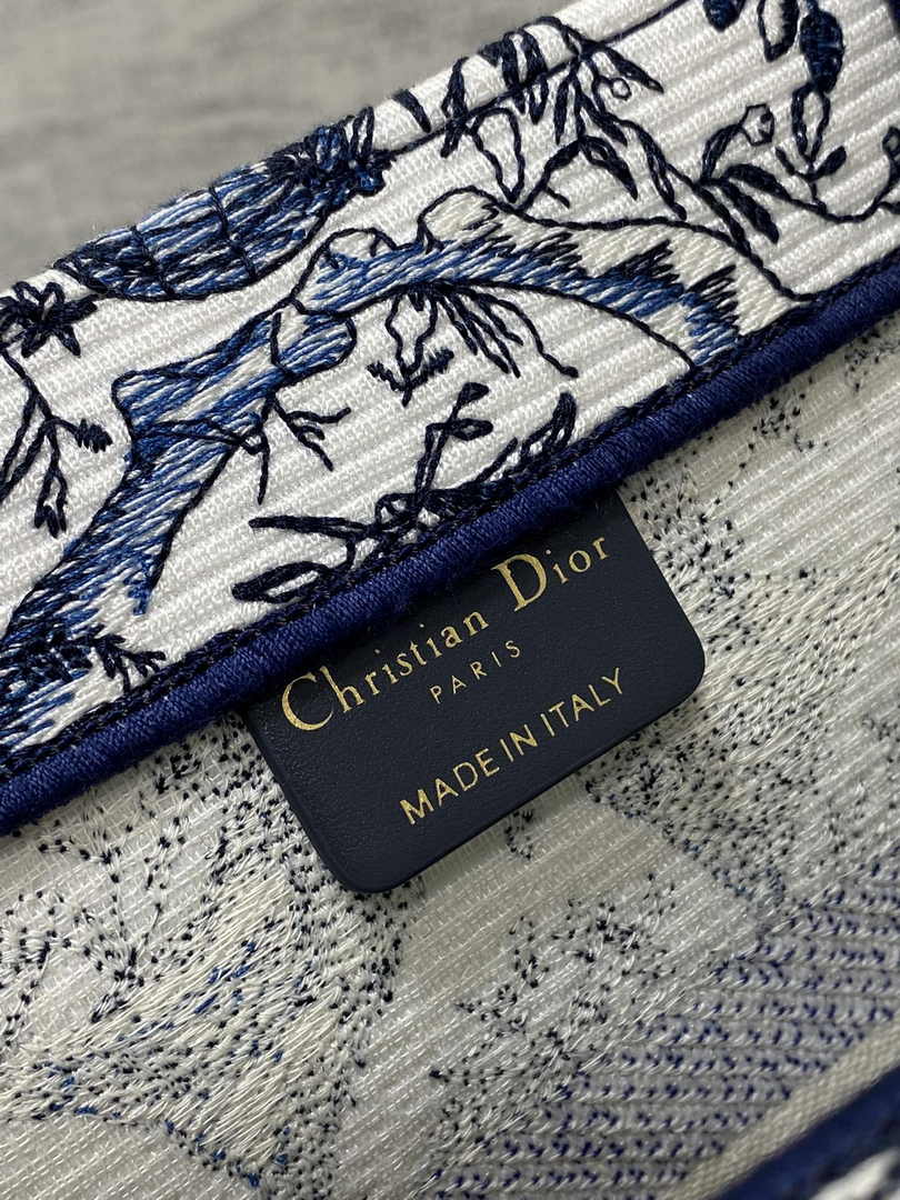 Medium Dior Book Tote M1296 White and Navy Blue Toile de Jouy Soleil Embroidery