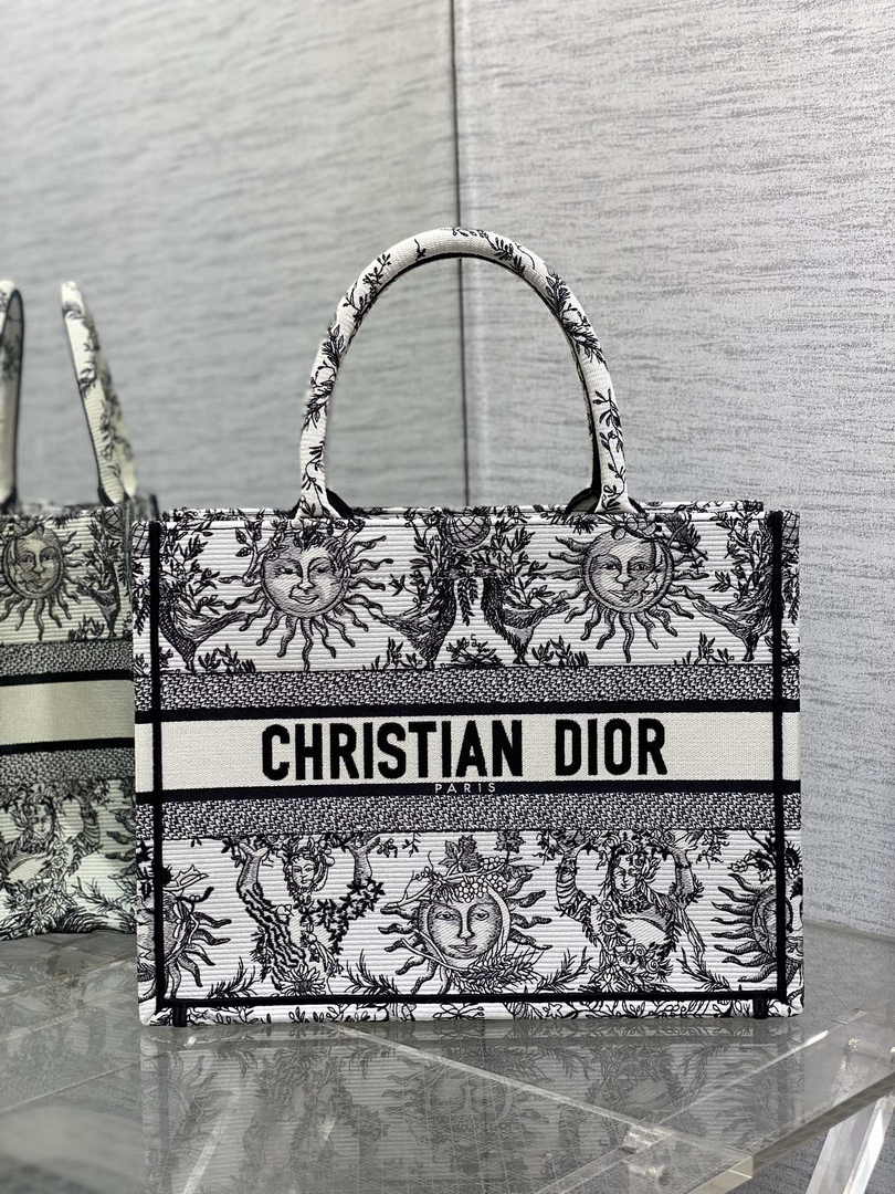 Medium Dior Book Tote M1296 White and Black Toile de Jouy Soleil Embroidery