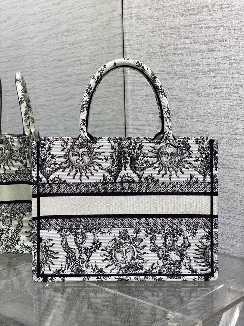 Medium Dior Book Tote M1296 White and Black Toile de Jouy Soleil Embroidery
