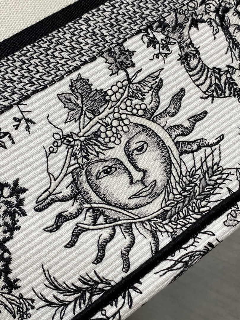 Medium Dior Book Tote M1296 White and Black Toile de Jouy Soleil Embroidery