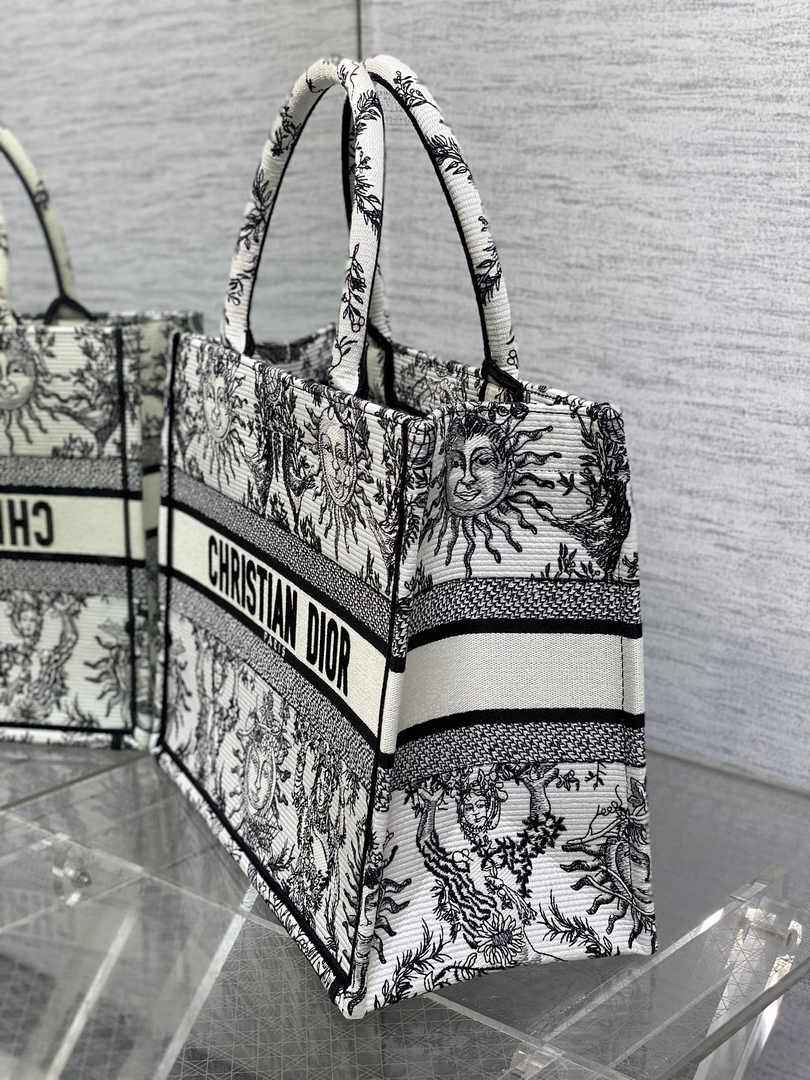 Medium Dior Book Tote M1296 White and Black Toile de Jouy Soleil Embroidery