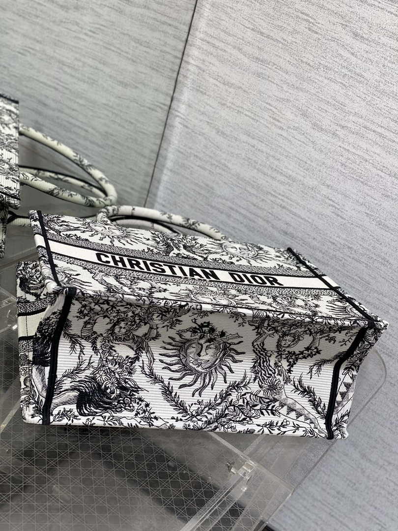Medium Dior Book Tote M1296 White and Black Toile de Jouy Soleil Embroidery