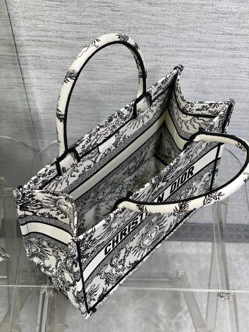 Medium Dior Book Tote M1296 White and Black Toile de Jouy Soleil Embroidery