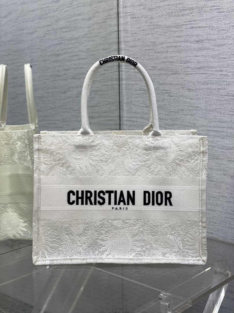 Medium Dior Book Tote M1296 White Toile de Jouy Soleil Macramé Embroidery