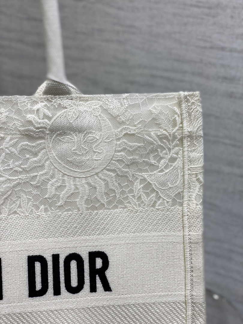 Medium Dior Book Tote M1296 White Toile de Jouy Soleil Macramé Embroidery