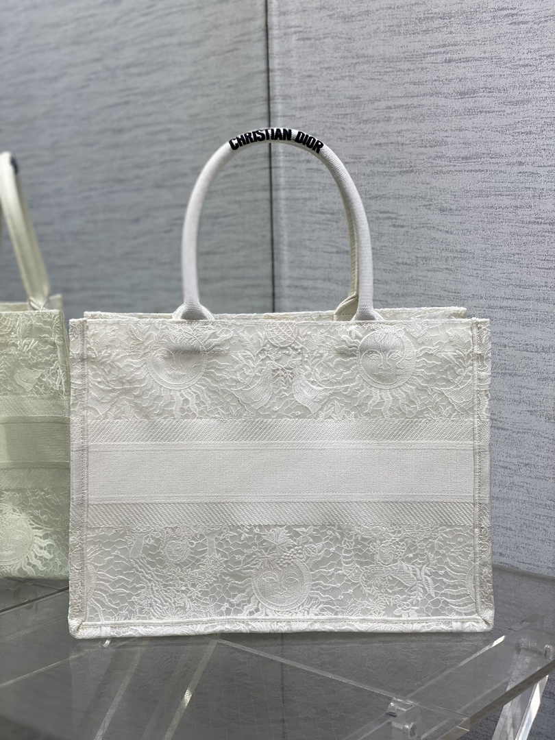 Medium Dior Book Tote M1296 White Toile de Jouy Soleil Macramé Embroidery