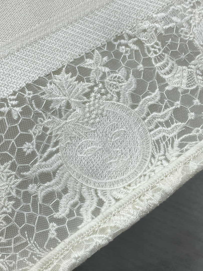 Medium Dior Book Tote M1296 White Toile de Jouy Soleil Macramé Embroidery