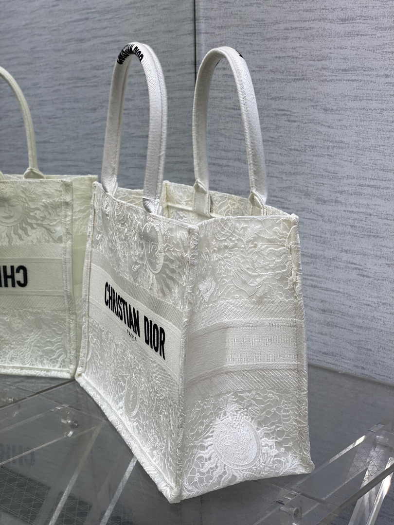 Medium Dior Book Tote M1296 White Toile de Jouy Soleil Macramé Embroidery