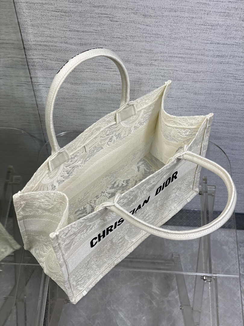 Medium Dior Book Tote M1296 White Toile de Jouy Soleil Macramé Embroidery