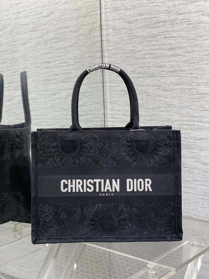 Medium Dior Book Tote M1296 Black Toile de Jouy Soleil Macramé Embroidery