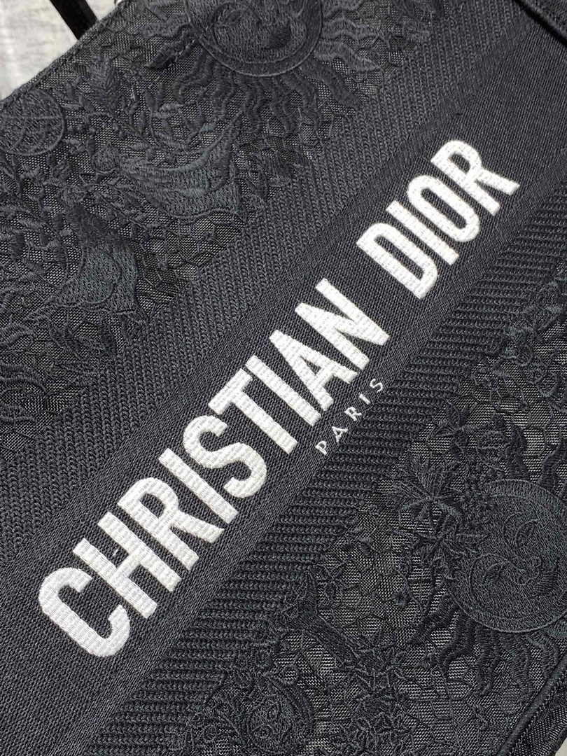 Medium Dior Book Tote M1296 Black Toile de Jouy Soleil Macramé Embroidery