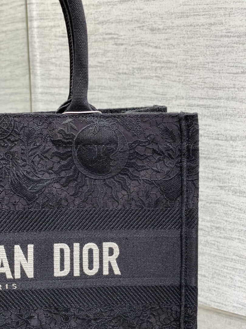 Medium Dior Book Tote M1296 Black Toile de Jouy Soleil Macramé Embroidery