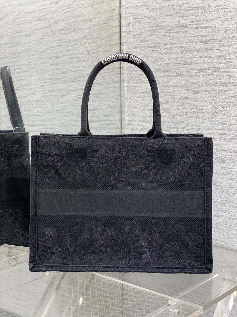 Medium Dior Book Tote M1296 Black Toile de Jouy Soleil Macramé Embroidery