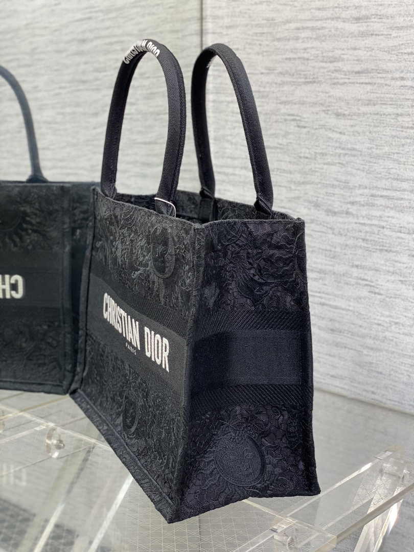 Medium Dior Book Tote M1296 Black Toile de Jouy Soleil Macramé Embroidery