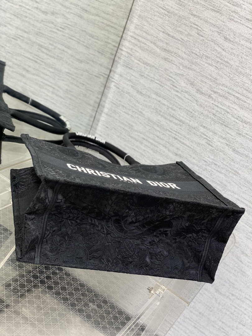 Medium Dior Book Tote M1296 Black Toile de Jouy Soleil Macramé Embroidery