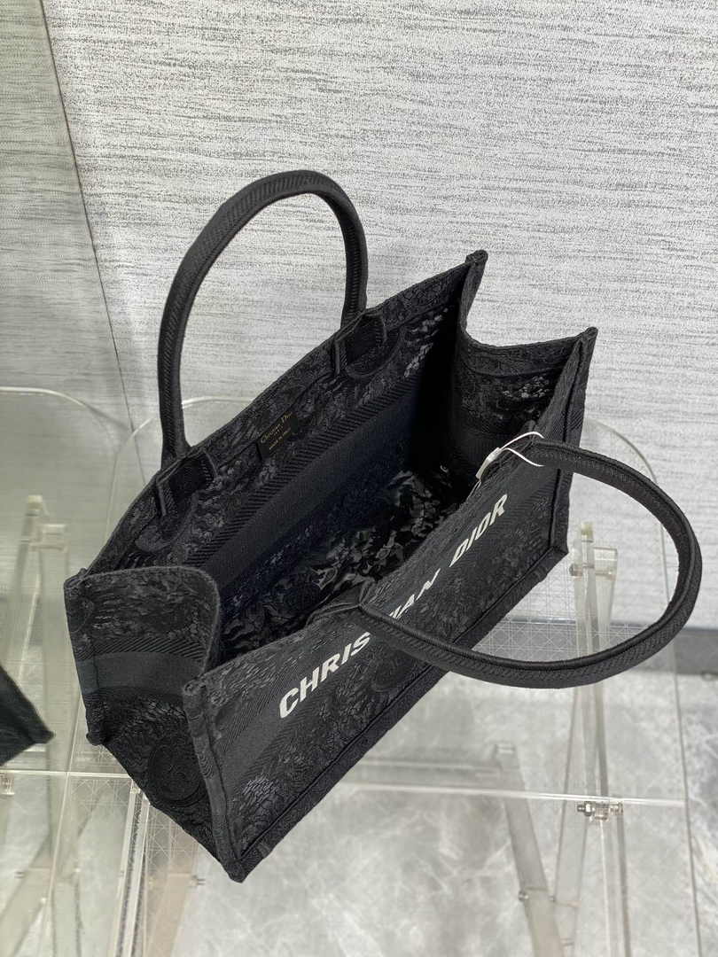 Medium Dior Book Tote M1296 Black Toile de Jouy Soleil Macramé Embroidery