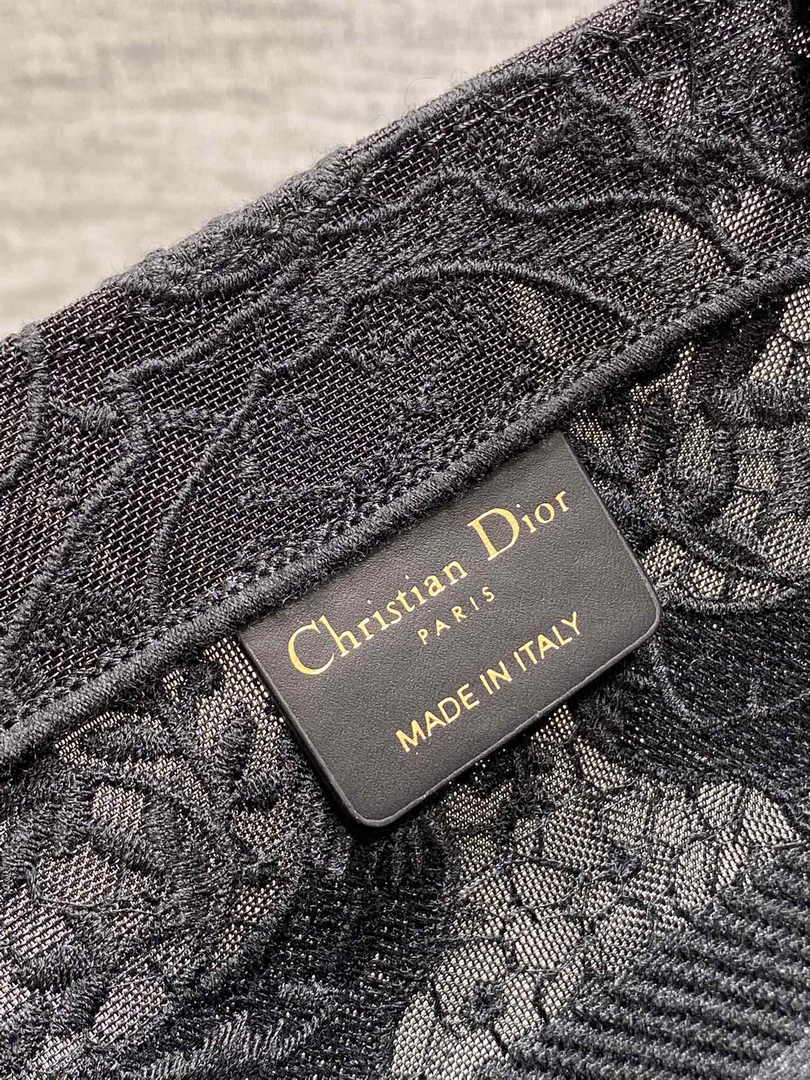 Medium Dior Book Tote M1296 Black Toile de Jouy Soleil Macramé Embroidery