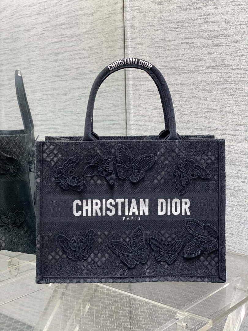 Medium Dior Book Tote M1296 Black Butterfly Jouy Soleil Embroidery