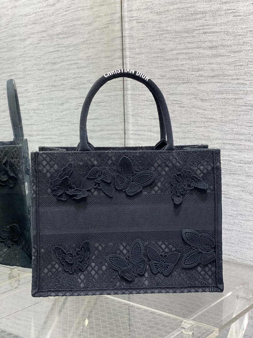 Medium Dior Book Tote M1296 Black Butterfly Jouy Soleil Embroidery